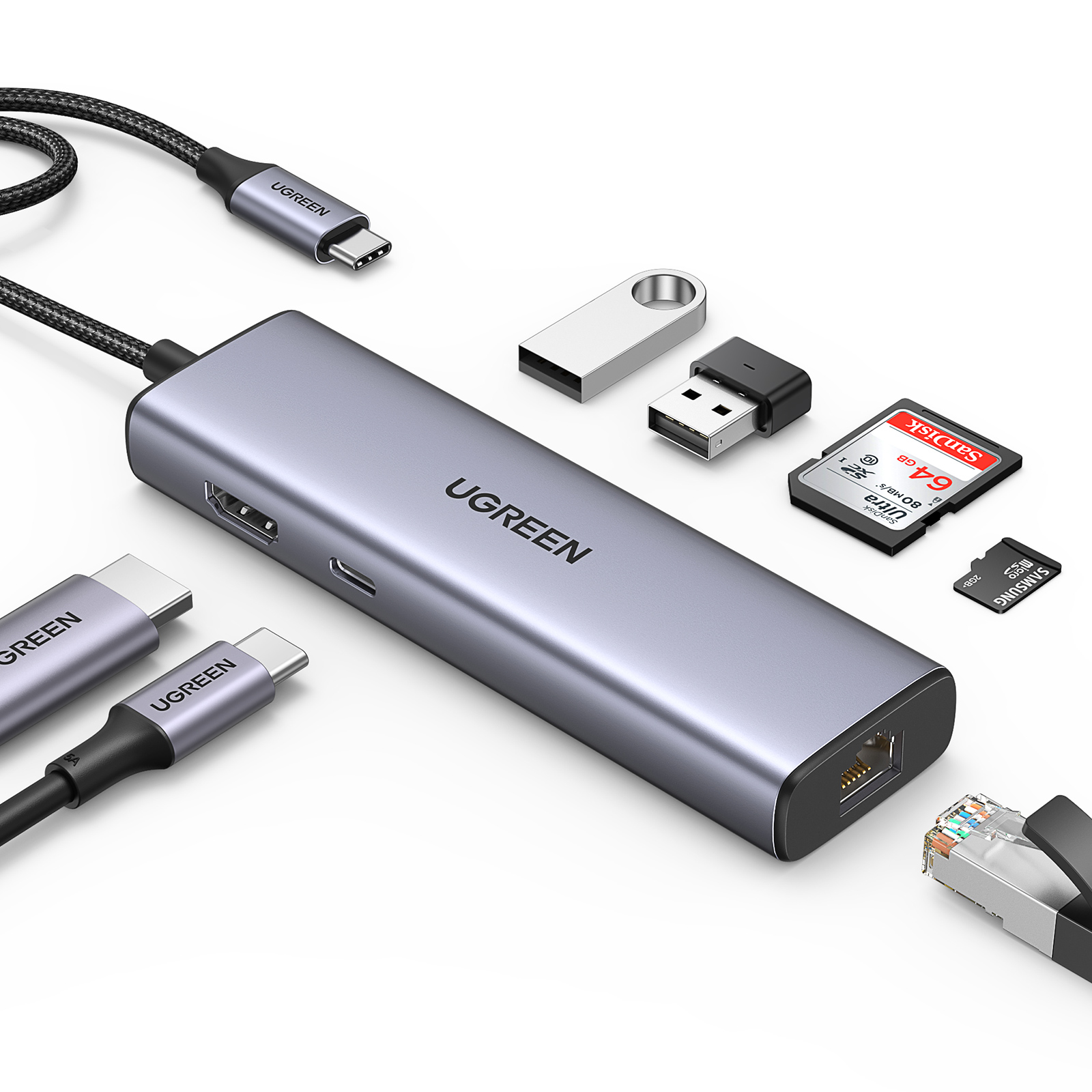 Ugreen USB-C Hub 7-in-1 HDMI Gigabit-Ethernet USB 3.0 Power Delivery Space-grau