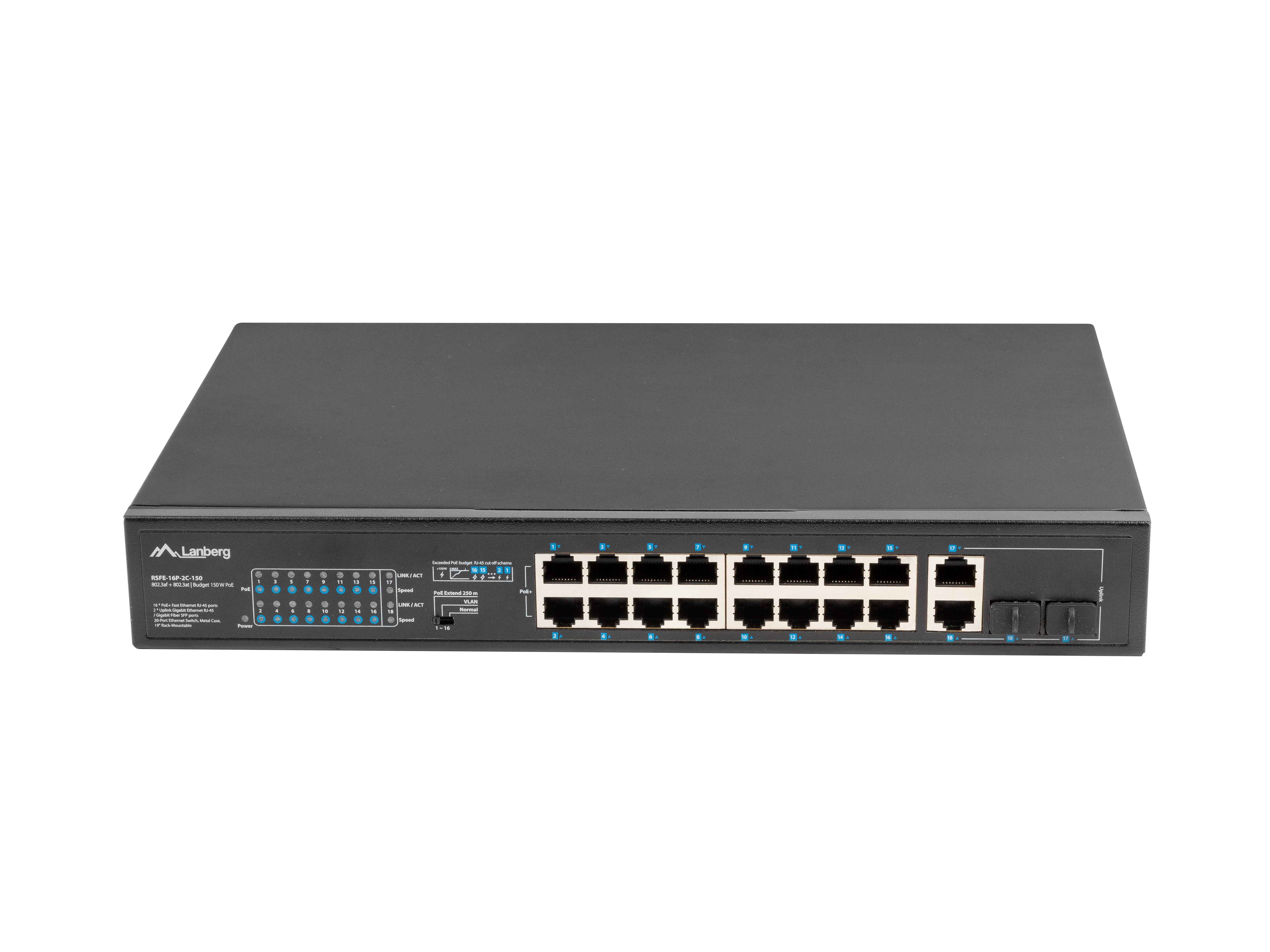 Lanberg RSFE-16P-2C-150 Switch 16 x 10/100 PoE+ 2 x Combo Gigabit SFP/RJ-45 Schwarz