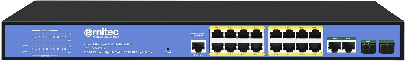 Ernitec Managed Layer 2+ Switch, 16 ports, 2 x Gigabit RJ45 ports (ELECTRA-M16-1GB-285W)