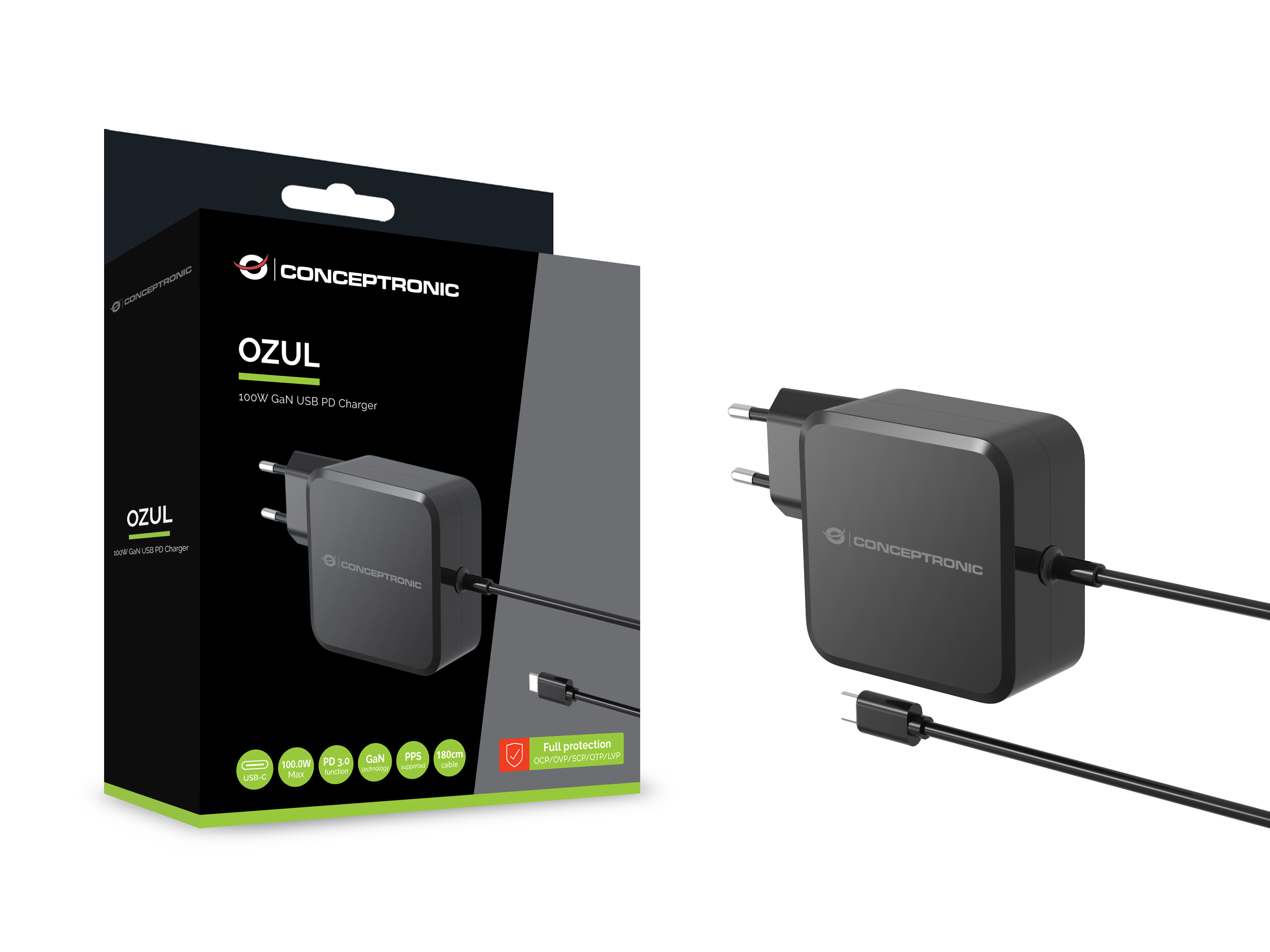 Conceptronic OZUL05BE 100W GaN USB-PD-Ladegerät mit integriertem USB-C-Kabel 20 V 1,8 m Schwarz