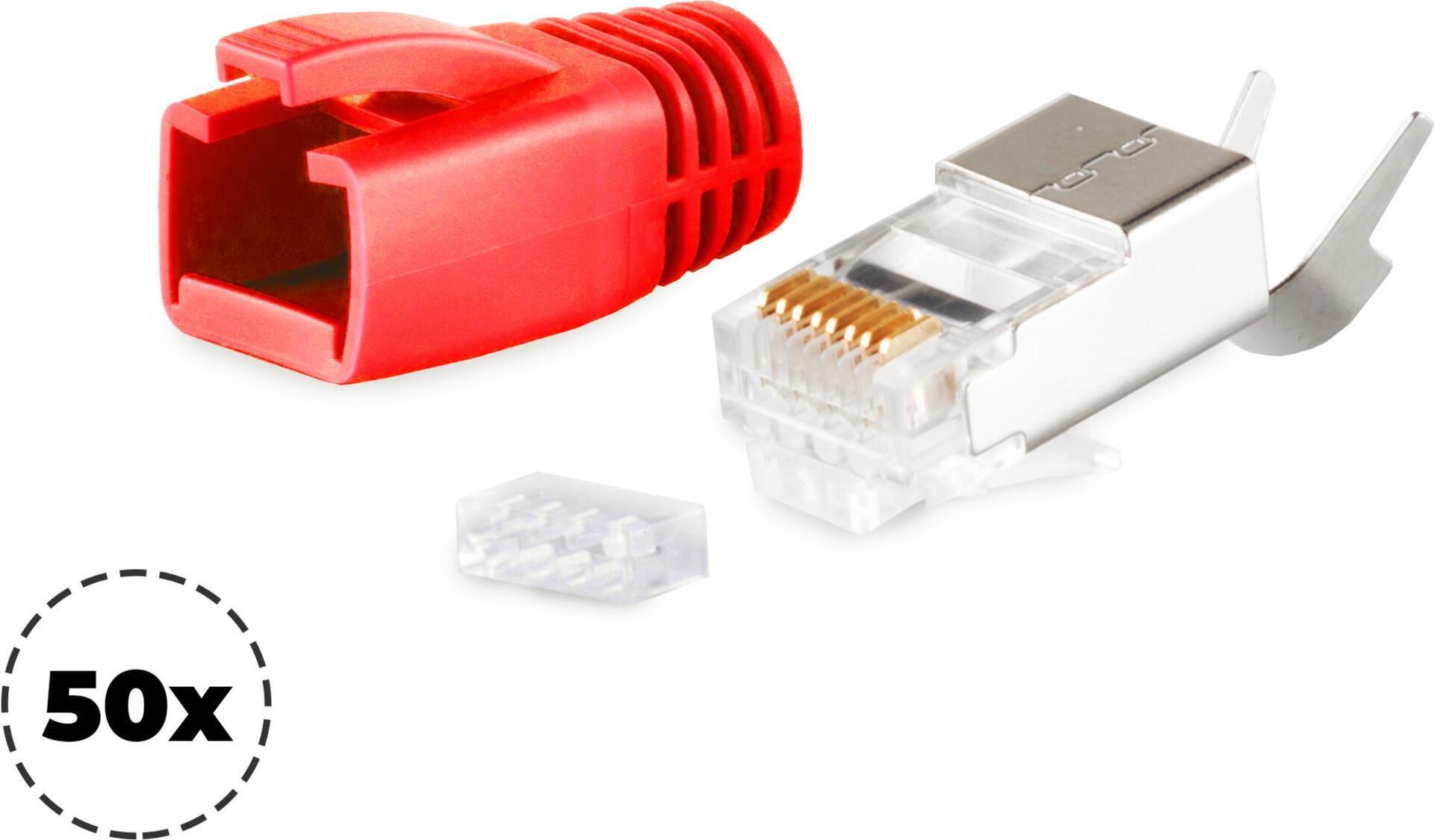 S/CONN maximum connectivity Netzwerk Modular Stecker RJ45 SET für Verlegekabel bis AWG 23, Stecker mit Zugentlastung, Einführhilfe und Tülle, rot VE 50 (72067-50R)