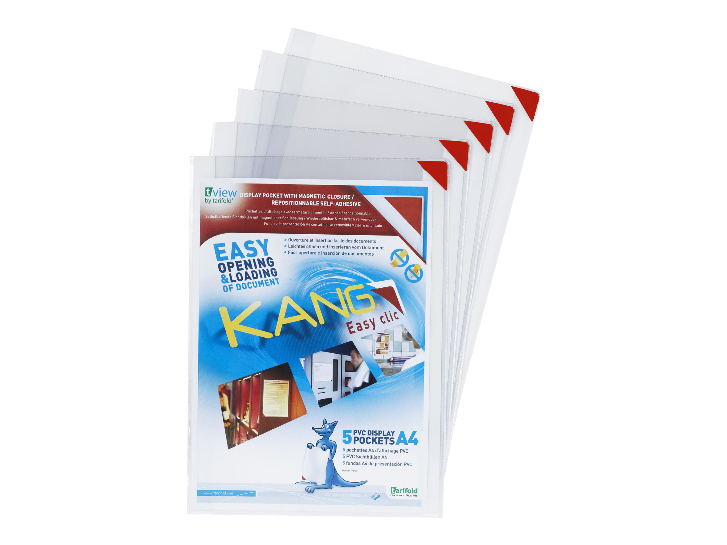 Tarifold KANG Easy Clic Sichthülle DIN A4 Selbstklebend Magnetisch 10 Blatt 5 Stück Rot Transparent