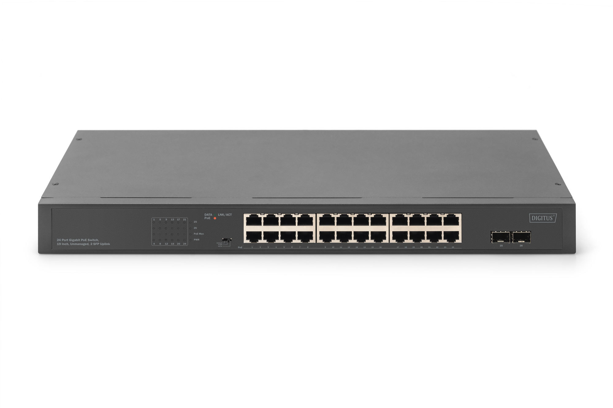 Digitus DN-95348-2 24-Port Gigabit Netzwerkswitch 19" Unmanaged PoE+ 2 SFP Uplinks Grau
