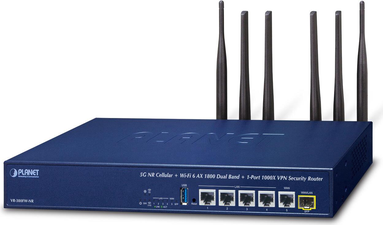 PLANET 5G NR Cellular + Wi-Fi 6 WLAN-Router Gigabit Ethernet Dual-Band (2,4 GHz/5 GHz) Blau (VR-300FW-NR)