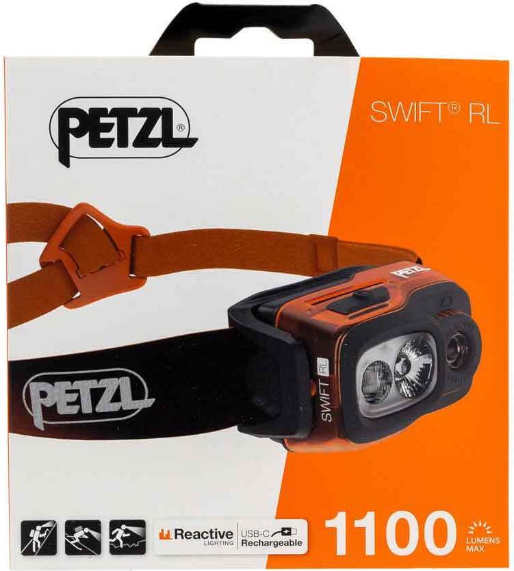 Petzl SWIFT RL. Taschenlampen Typ: Stirnband-Taschenlampe, Produktfarbe: Schwarz, Orange, Weiß, Steuerung: Tasten. Zertifizierung: CE, UKCA. Lampentyp: LED, Lichtleistung: 1100 lm, Lichtstrahl-Entfernung (max.): 155 m. Aufladequelle: USB, Akku-/Batterietyp: Integrierte Batterie, Akku-/Batterietechnologie: Lithium-Ion (Li-Ion). Gewicht: 100 g (E095BB01)