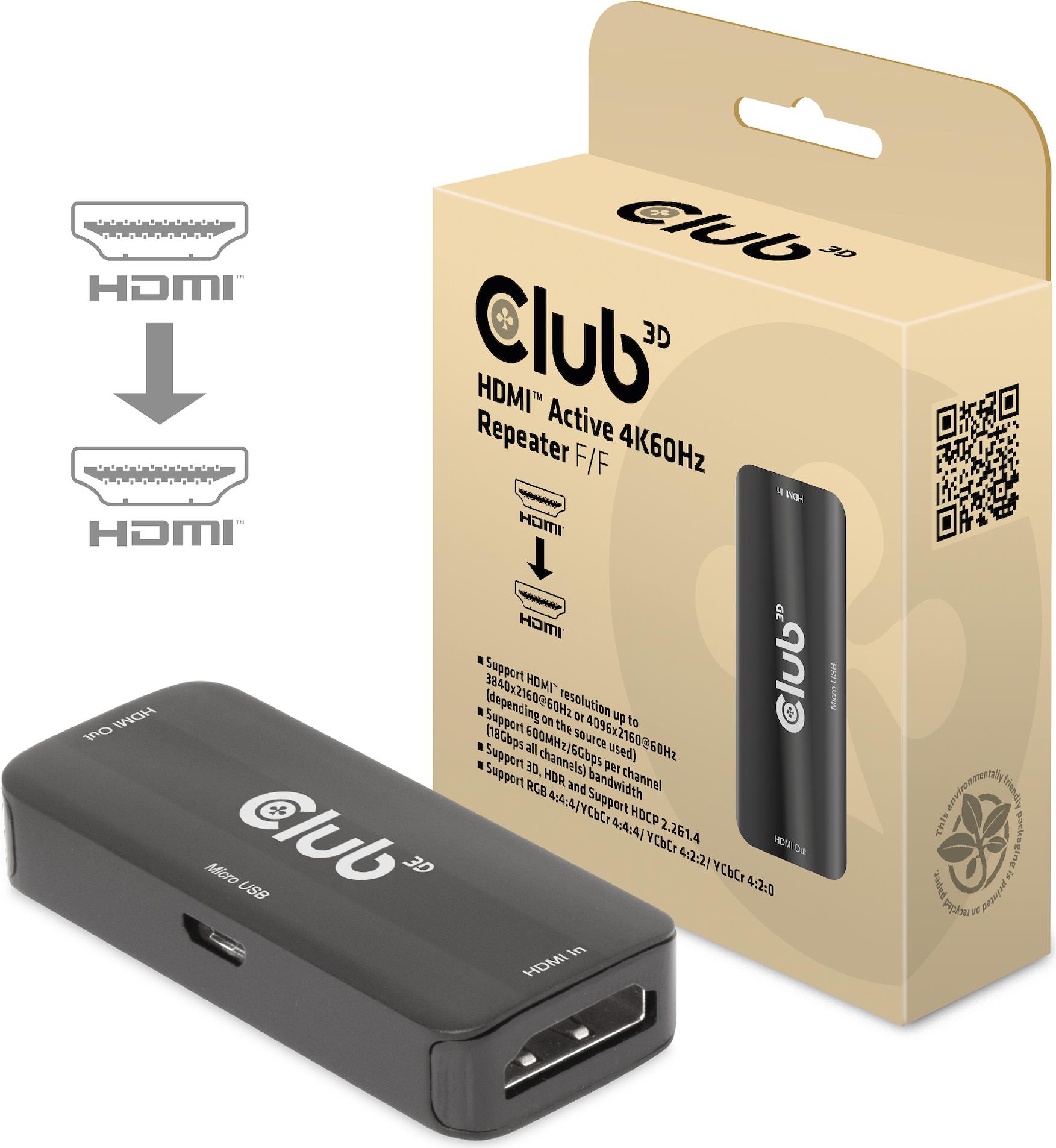Club 3D HDMI Active 4K60Hz Repeater F/F - Digital/Display/Video (CAC-1307)
