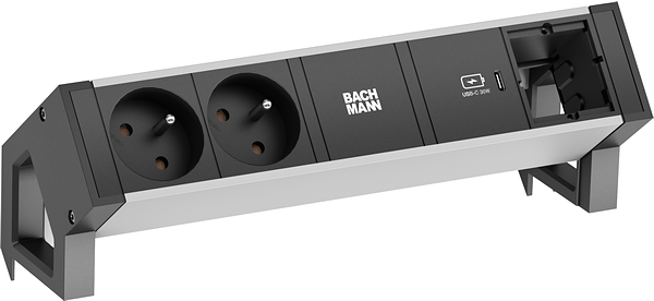 Bachmann DESK2 ALU BLACK Steckdoseneinheit mit erhöhtem Berührungsschutz 2xUTE 35° Steckdosen, schwarz 1xUSB C 30W Charger 1xCustom Modul leer Zuleitung 0,2m H05VV-F3G1,5mm² schwarz mit GST18i3 Stecker Profil: Aluminium eloxiert (natur) Endkappen: Kunststoff schwa (937.323)