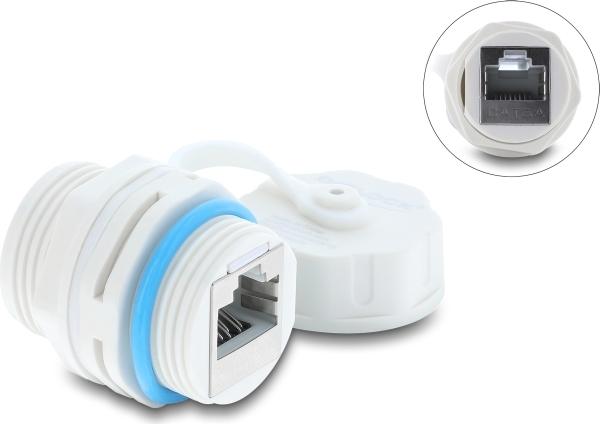 Delock Kabelverbinder RJ45 Buchse zu RJ45 Buchse Cat.6A mit M23.5 x 1,5 mm Gewinde und Verschlusskappe IP68 staub- und wasserdicht weiß (87156)