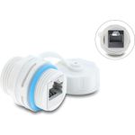 Delock Kabelverbinder RJ45 Buchse zu RJ45 Buchse Cat.6A mit M23.5 x 1,5 mm Gewinde und Verschlusskappe IP68 staub- und wasserdicht weiß (87156)