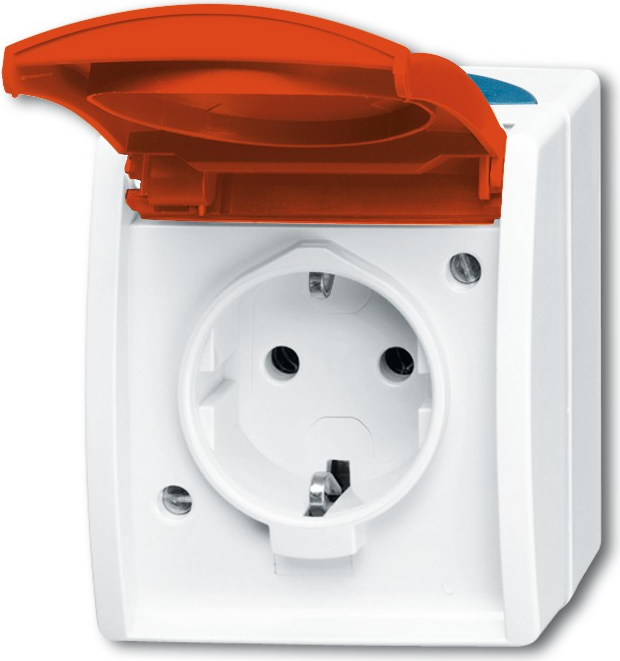 Busch-Jaeger 2083-0-0825. Buchsen-Typ: CEE 7/3, Anzahl der Pole: 2P+E. Produktfarbe: Rot, Weiß, Internationale Schutzart (IP-Code): IP44. Eingangsspannung: 250 V, Stromstärke (maximal): 16 A. Breite: 74 mm, Tiefe: 55 mm, Höhe: 83 mm (2083-0-0825)