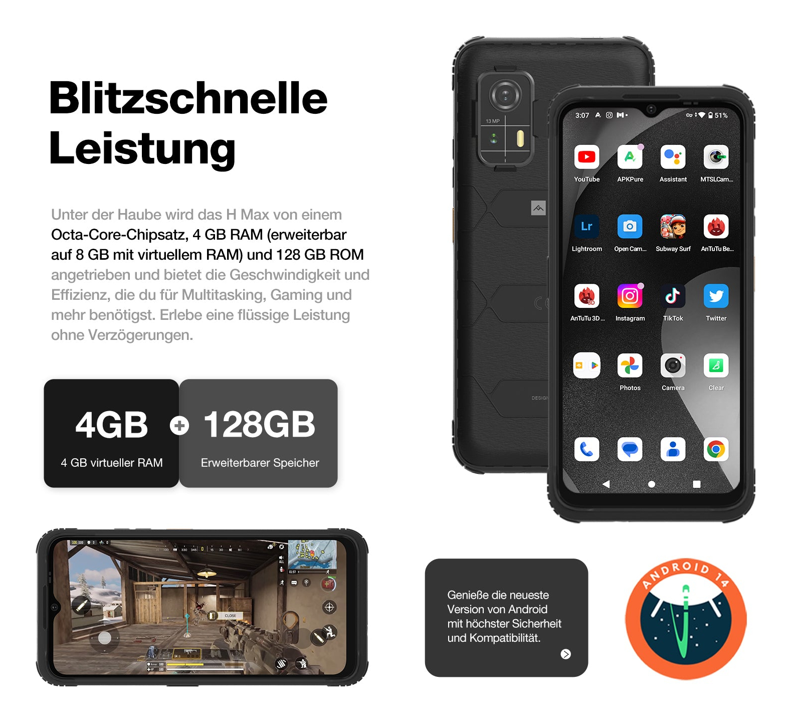 AGM H Max 4G Outdoor-Smartphone 6,56" 4 GB RAM 128 GB 10000 mAh Schwarz