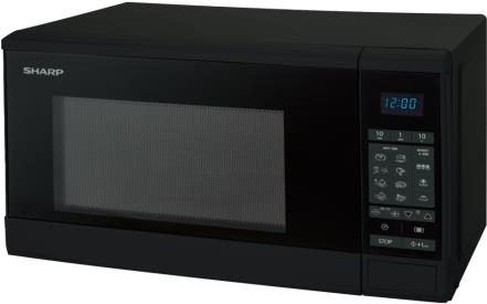 Sharp R270BK. Geräteplatzierung: Arbeitsplatte, Produkttyp: Solo-Mikrowelle, Innenkapazität: 20 l. Kochprogramme: Pizza, Popcorn, Kartoffel. AC Eingangsspannung: 230-240 V, AC Eingangsfrequenz: 50 Hz, Stromstärke: 10 A. Breite: 450 mm, Tiefe: 260 mm, Höhe: 342 mm (R270BK)