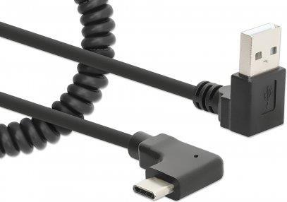 MANHATTAN Spiralkabel USB-A auf USB-C Ladekabel USB Typ-A-Stecker auf Typ-C-Stecker, 1 m, verknotungsfreies, geringeltes Design, Winkelstecker, keine Datenübertragung, schwarz (356220)