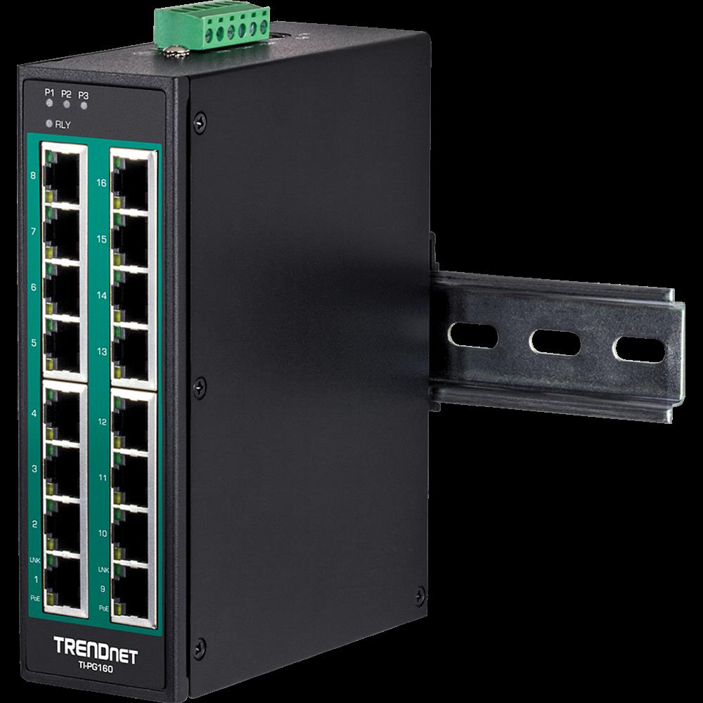 TRENDnet TI-PG160 16-Port Industrial Gigabit PoE+ DIN-Rail Switch Unmanaged Schwarz