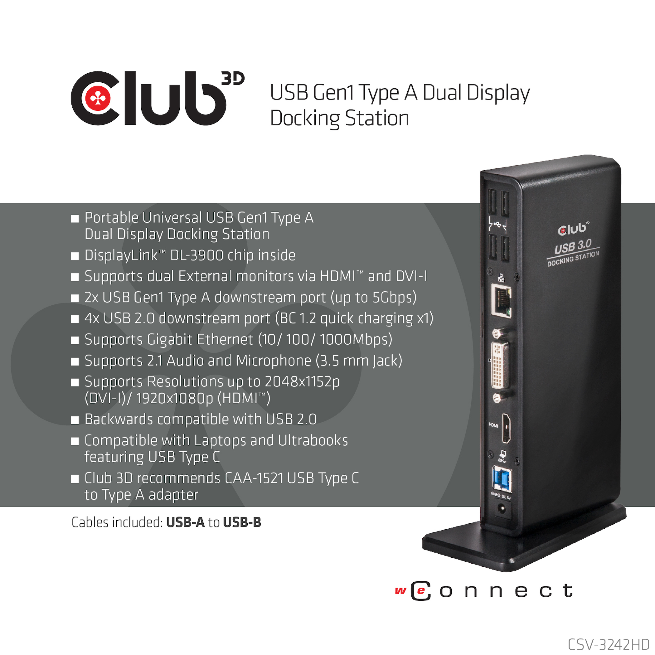 Club 3D SenseVision USB 3.0 Dual Display Docking Station Schwarz