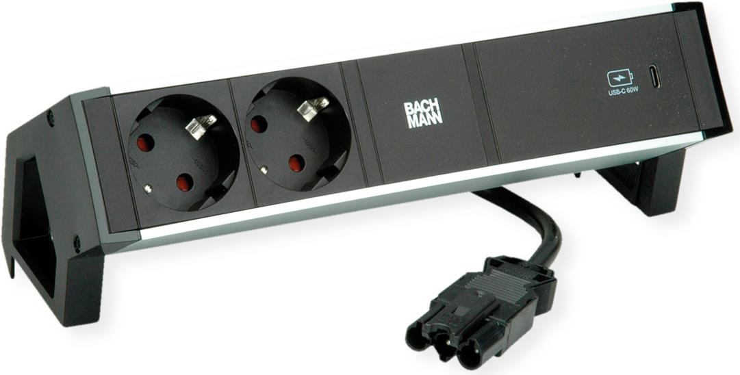 Bachmann DESK2 ALU BLACK Steckdoseneinheit mit erhöhtem Berührungsschutz 2xSchutzkontaktsteckdosen 88,90cm (35") schwarz 1xUSB C 60W Charger Zuleitung 0,2m H05VV-F3G1,5mm² schwarz mit GST18i3 Stecker Profil: Aluminium eloxiert (natur) Endkappen: Kunststoff schwarz inkl. (937.303)