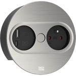 Bachmann TWIST 2 Metallische Abdeckscheibe rund, Edelstahl-Optik, 1xUTE Frankreich Steckdose schwarz mit erhöhtem Berührungsschutz, 1xUSB A/C 22W Charger, Zuleitung 2,0m H05VV-F3G1,5mm² schwarz mit Aderendhülsen und beigelegtem Schutzkontakt-Montagestecker, verpac (946.006)