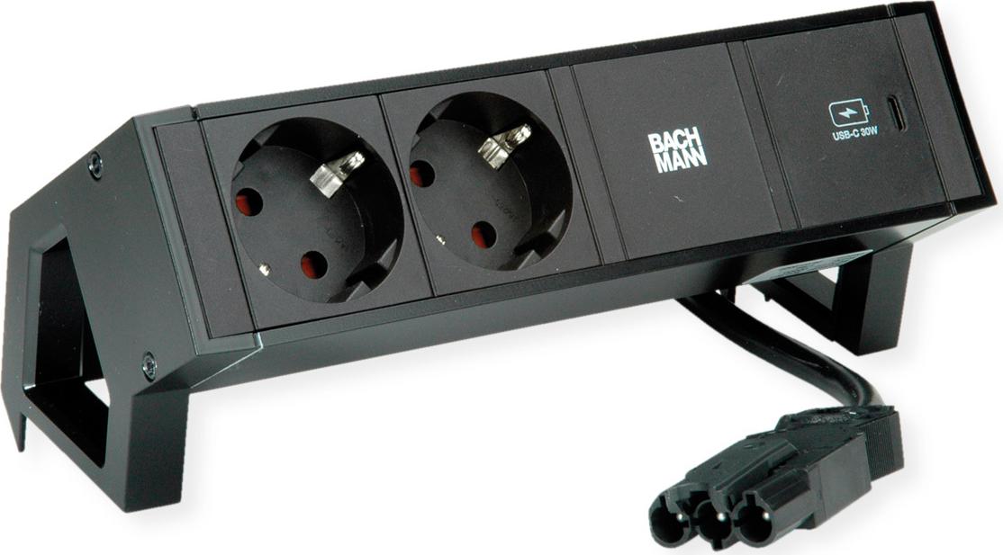 Bachmann DESK2 Steckdosenleiste Farbe schwarz, ähnlich RAL9005 mit erhöhtem Berührungsschutz 2xSchutzkontaktsteckdosen schwarz 1xUSB C 30W Charger Zuleitung 0,2m H05VV-F3G1,5mm² schwarz mit GST18i3 Stecker inkl. Haltewinkel Logo verpackt im Karton (902.963)