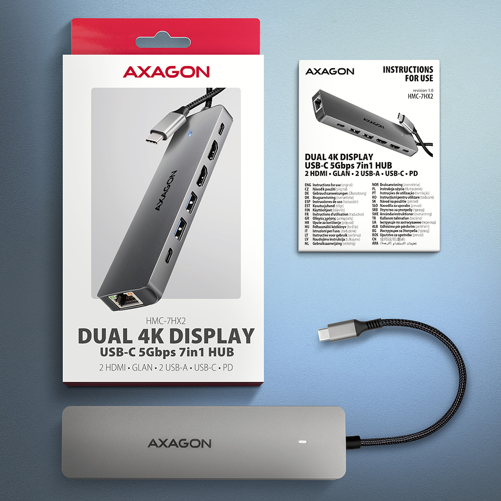 AXAGON HMC-7HX2 Dockingstation USB-C 3.2 Gen 1 2x HDMI 100W Grau