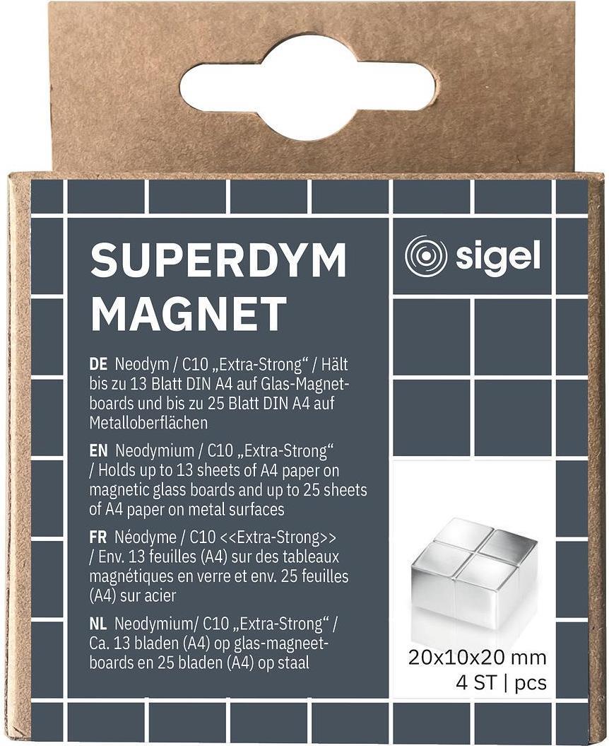 Sigel BA705. Magnettyp: Neodym, Produktfarbe: Silber, Oberflächentyp: Glanz. Breite: 20 mm, Tiefe: 20 mm, Höhe: 10 mm. Menge pro Packung: 4 Stück(e), Verpackungsart: Karton mit Aufhänger (BA705)
