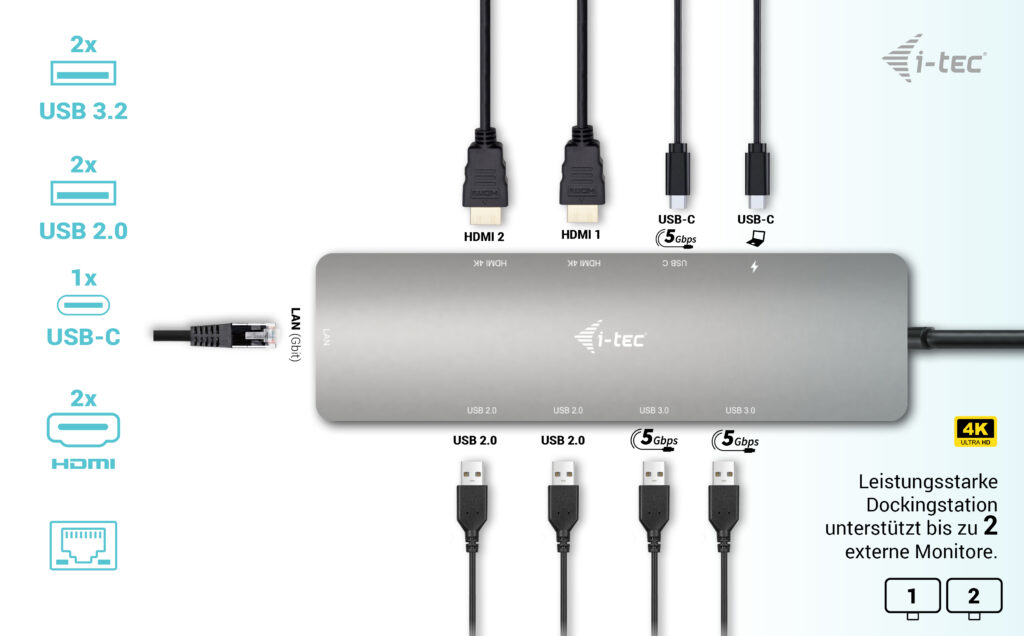 i-tec Nano Dock USB-C Dockingstation 2x HDMI Gigabit-Ethernet 100 W Power Delivery Grau