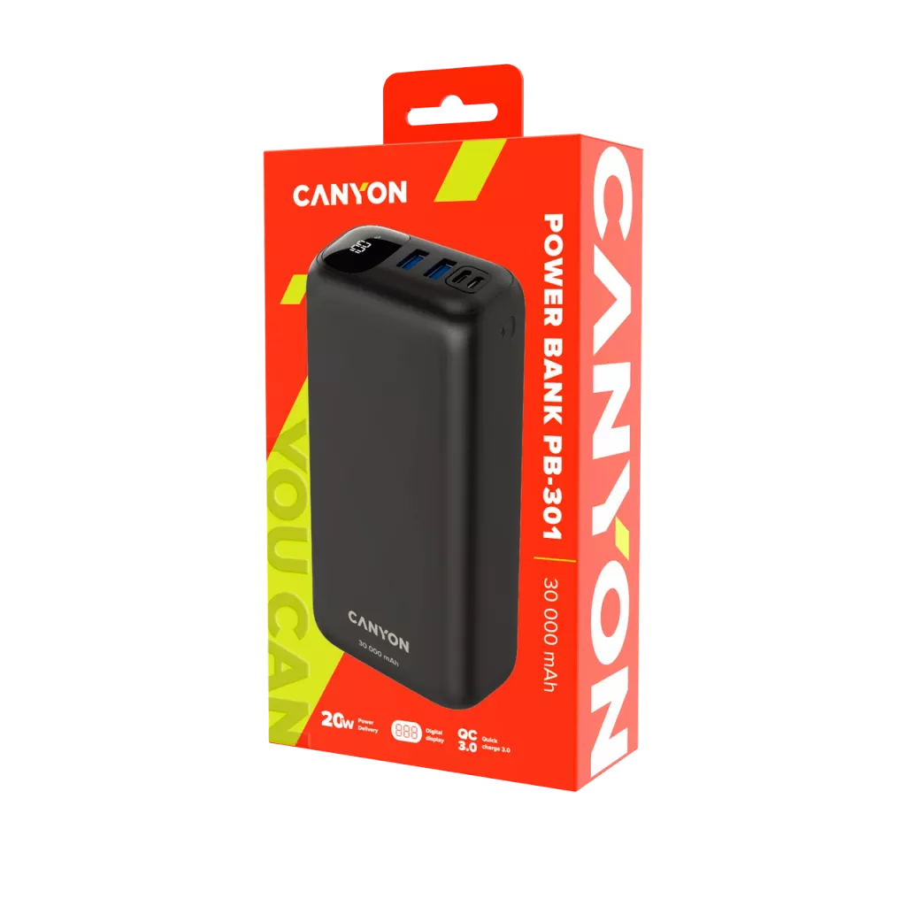 Canyon PB-301 Powerbank 30000 mAh 20 W PD/QC 3.0 Lithium-Polymer Schwarz