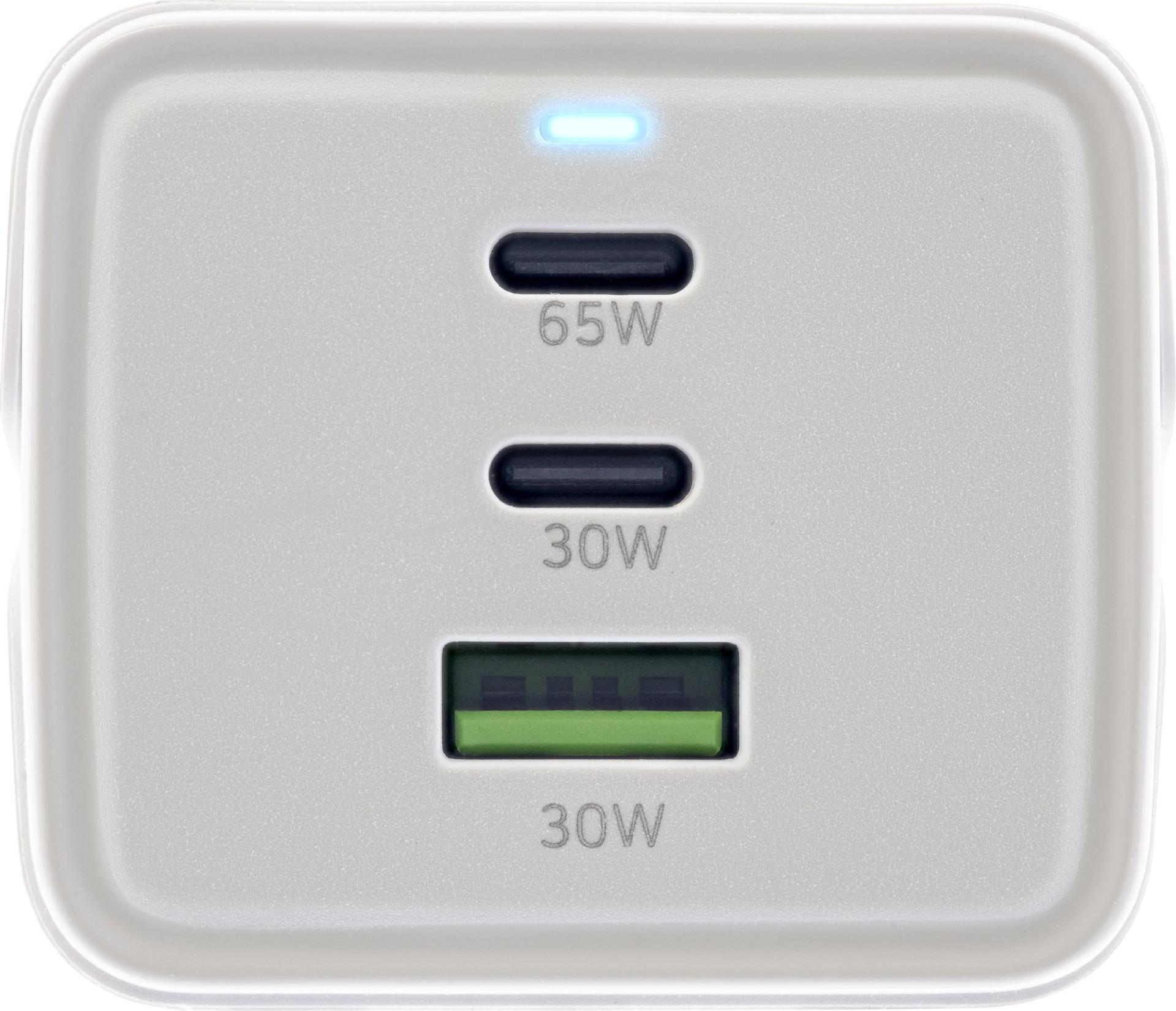 InLine GaN Ladegerät 65W 2x USB-C 1x USB-A mit Schutzkontaktbuchse Weiß