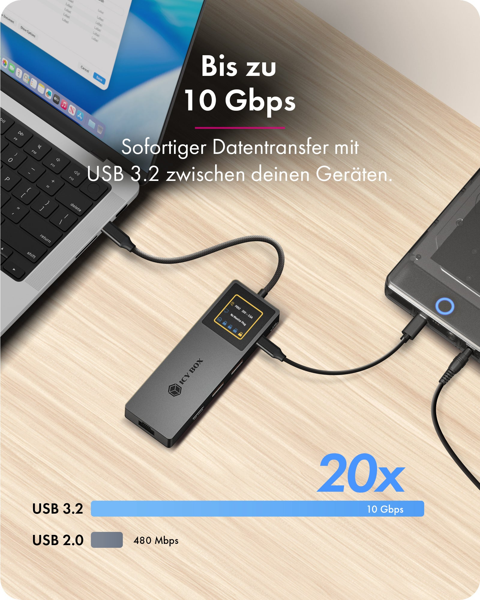 ICY BOX Spade Dock 4038 Dockingstation 7-in-1 USB-C HDMI RJ-45 100 W PD Schwarz