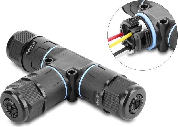 Delock Kabelverbinder T-Form mit Klemmverbindung 3 Pin, IP68 wasserdicht für Kabeldurchmesser 5 (87244)