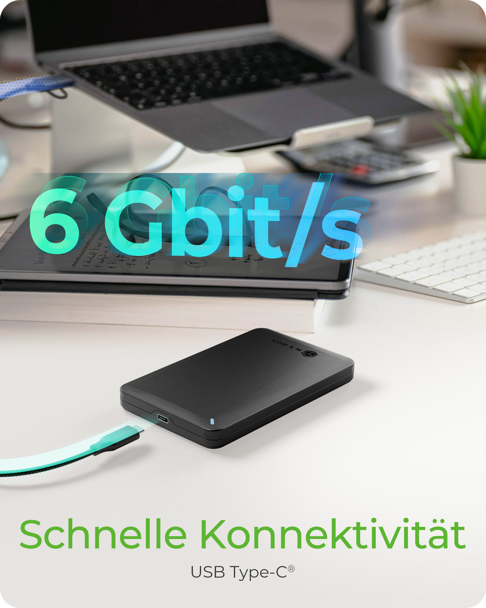 ICY BOX IB-201T-CU31 SSD-Gehäuse 2,5" SATA USB-C 3.2 Gen 2 Werkzeuglos Schwarz