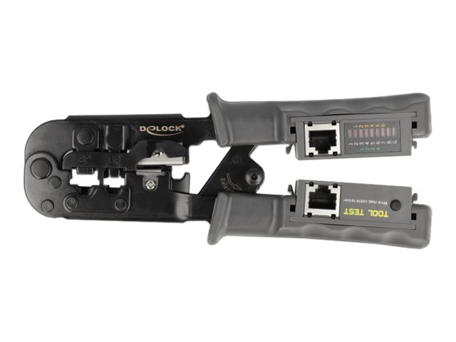 Delock 90510 Crimpzange mit Abisolierer und Netzwerktester für RJ45, RJ12/11 und RJ10 Stecker - Grau, Schwarz
