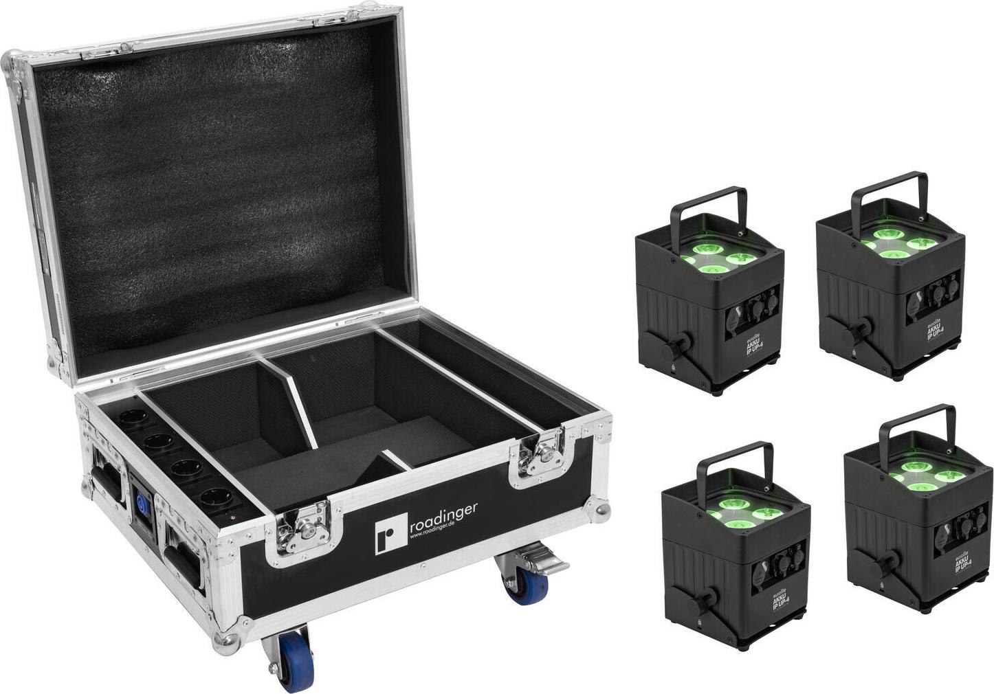 EUROLITE Set 4x AKKU IP UP-4 QCL Spot QuickDMX MK2 IP65 + Flightcase Rollen Ladefunktion