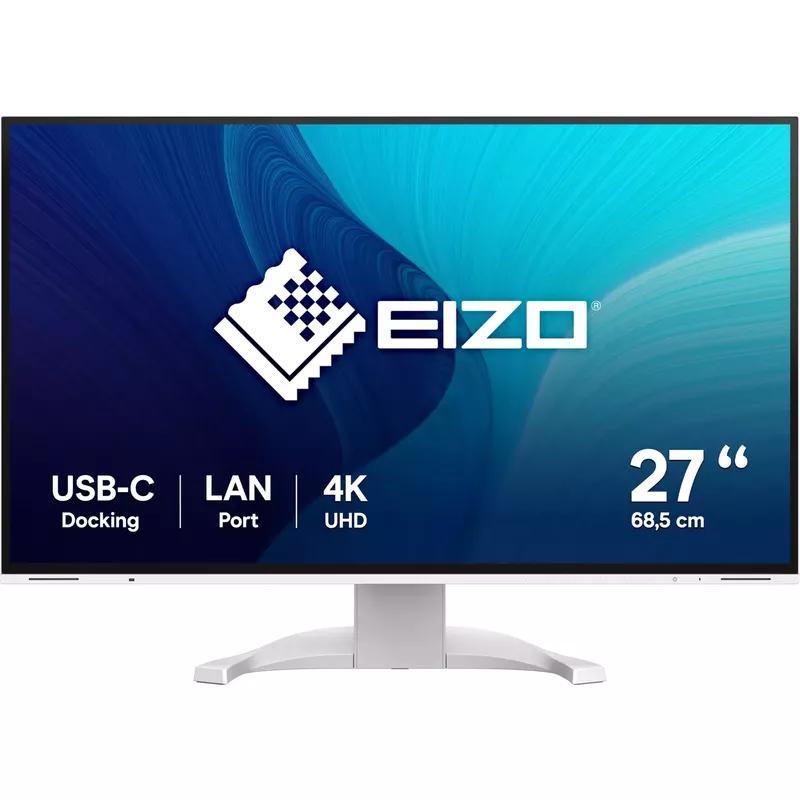 EIZO FlexScan EV2740X. Bildschirmdiagonale: 68,6 cm (27"), Display-Auflösung: 3840 x 2160 Pixel, HD-Typ: 4K Ultra HD, Bildschirmtechnologie: LCD, Reaktionszeit: 5 ms, Natives Seitenverhältnis: 16:9, Bildwinkel, horizontal: 178°, Bildwinkel, vertikal: 178°. Eingebaute Lautsprecher. Integrierter USB-Hub. VESA-Halterung, Höhenverstellung. Produktfarbe: Weiß [Energieklasse D]  (EV2740X-WT) (B-Ware)