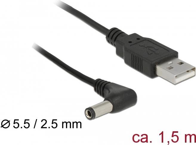 DeLOCK Stromkabel Gleichstromstecker 5,5 x 2,5 mm (M) gewinkelt bis USB (nur Strom) (M) (85588)