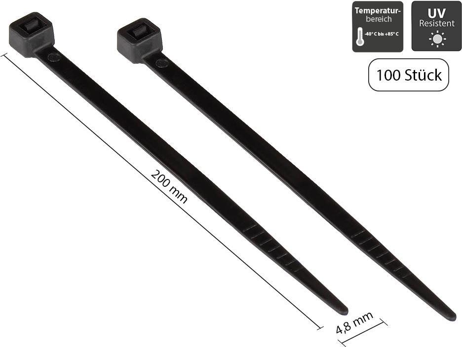 Kabelbinder 200 mm x 4,8 mm, schwarz, UL, UV-resistent, -40 °C bis +85 °C, 100 Stück, Good Connectio (KAB-20S48)