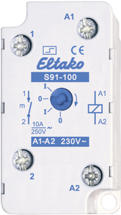 Eltako S91-100-230V. Produktfarbe: Weiß, Zertifizierung: CE. AC Eingangsspannung: 250 V, Stromstärke: 10 A. Abmessungen (BxTxH): 26 x 32 x 50 mm (S91-100-230V)