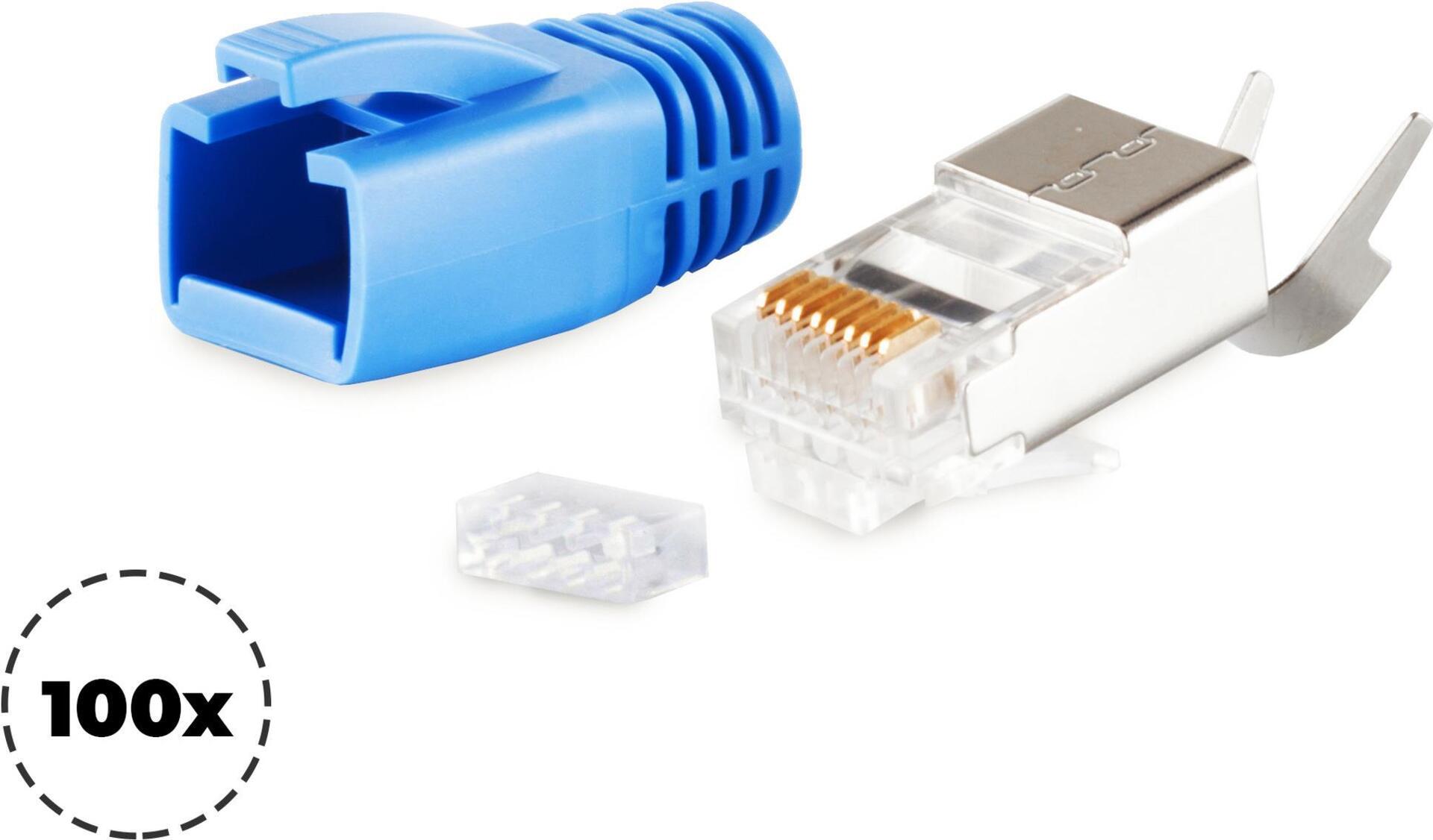 shiverpeaks ®-BASIC-S--Netzwerk Modular Stecker RJ45 SET für Verlegekabel bis AWG 23, Stecker mit Zugentlastung, Einführhilfe und Tülle, blau VE 100 (BS72067-100B)