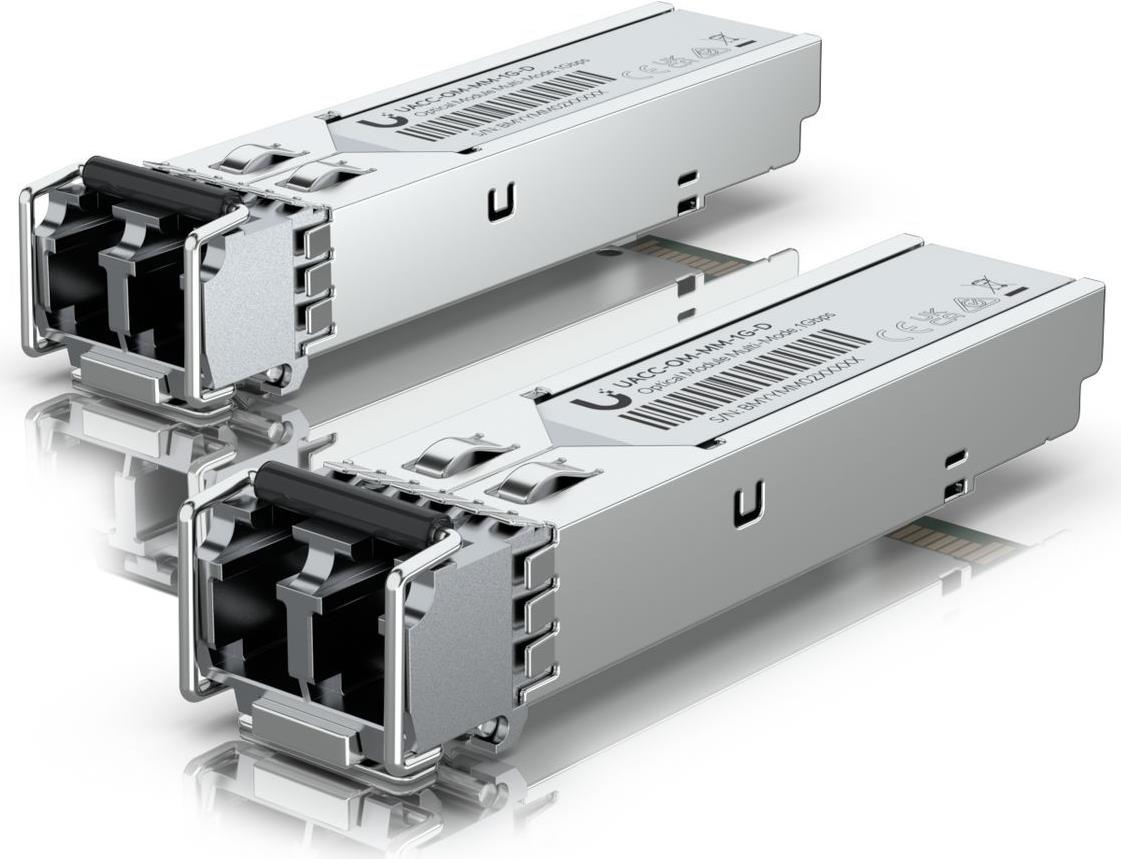Ubiquiti SFP transceiver that supports using multi-mode fiber with a duplex LC UPC connector. (UACC-OM-MM-1G-D)