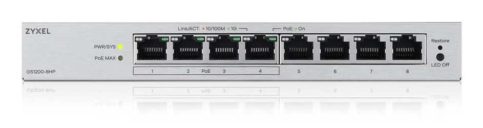 Zyxel GS1200v3 Series GS1200-8HPv3 8-Port Gigabit PoE+ Switch Silber