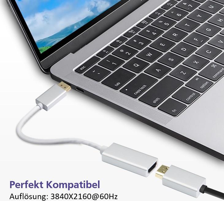 Helos Adapterkabel, DisplayPort Stecker/ HDMI Buchse, PREMIUM 4K, silber DisplayPort 1.2 St./HDMI 2.0 Buchse , 3840 x 2160 @ 60 HZ , PREMIUM , TPE-Außenmantel (hochflexibel) , Alumnium-Gehäuse , vergoldete Kontakte , ULTRA HD 4K , CE-zertifiziert , ROHS 2.0 und REACH-konform , Farbe: silber (288462)