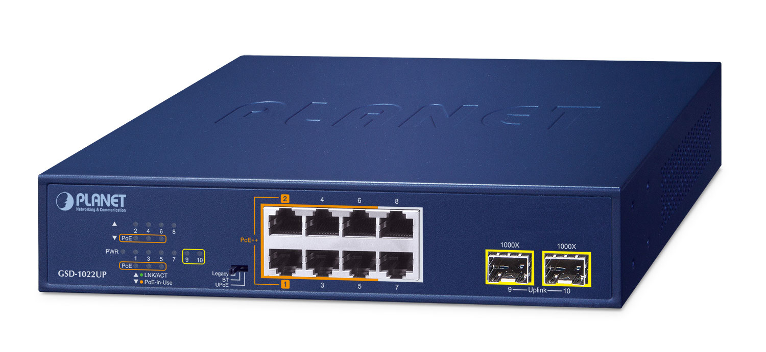 Planet GSD-1022UP 2-Port 10/100/1000T Gigabit 802.3bt PoE Unmanaged Switch Blau