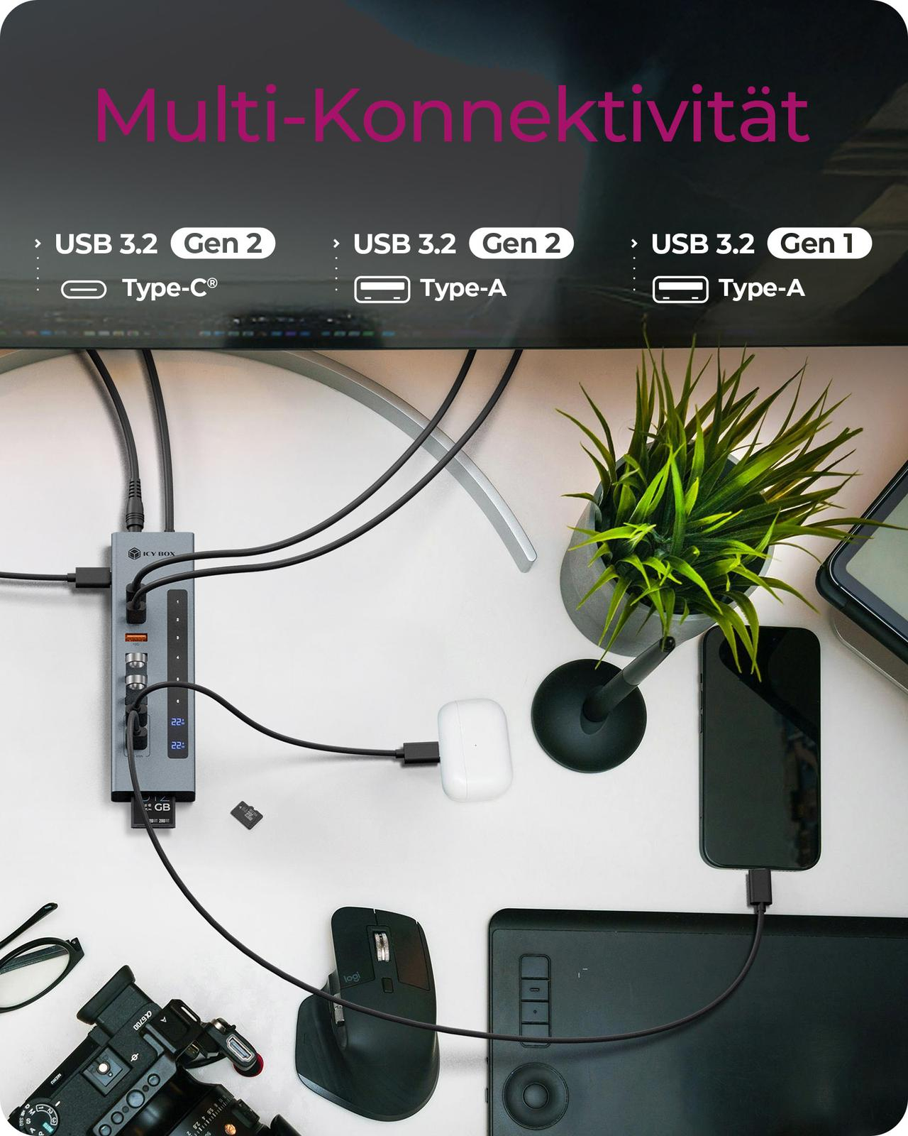 ICY BOX IB-HUB1742CR-C2PD USB 3.2 Gen 2 Hub mit PD und Kartenleser Schwarz