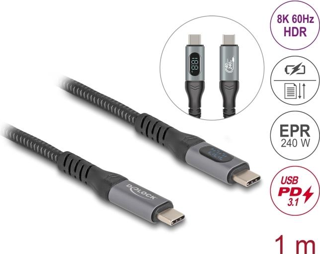 Delock USB 40 Gbps Daten- und Schnellladekabel koaxial 1m 8K 60 Hz PD 3.1 Extended (86067)