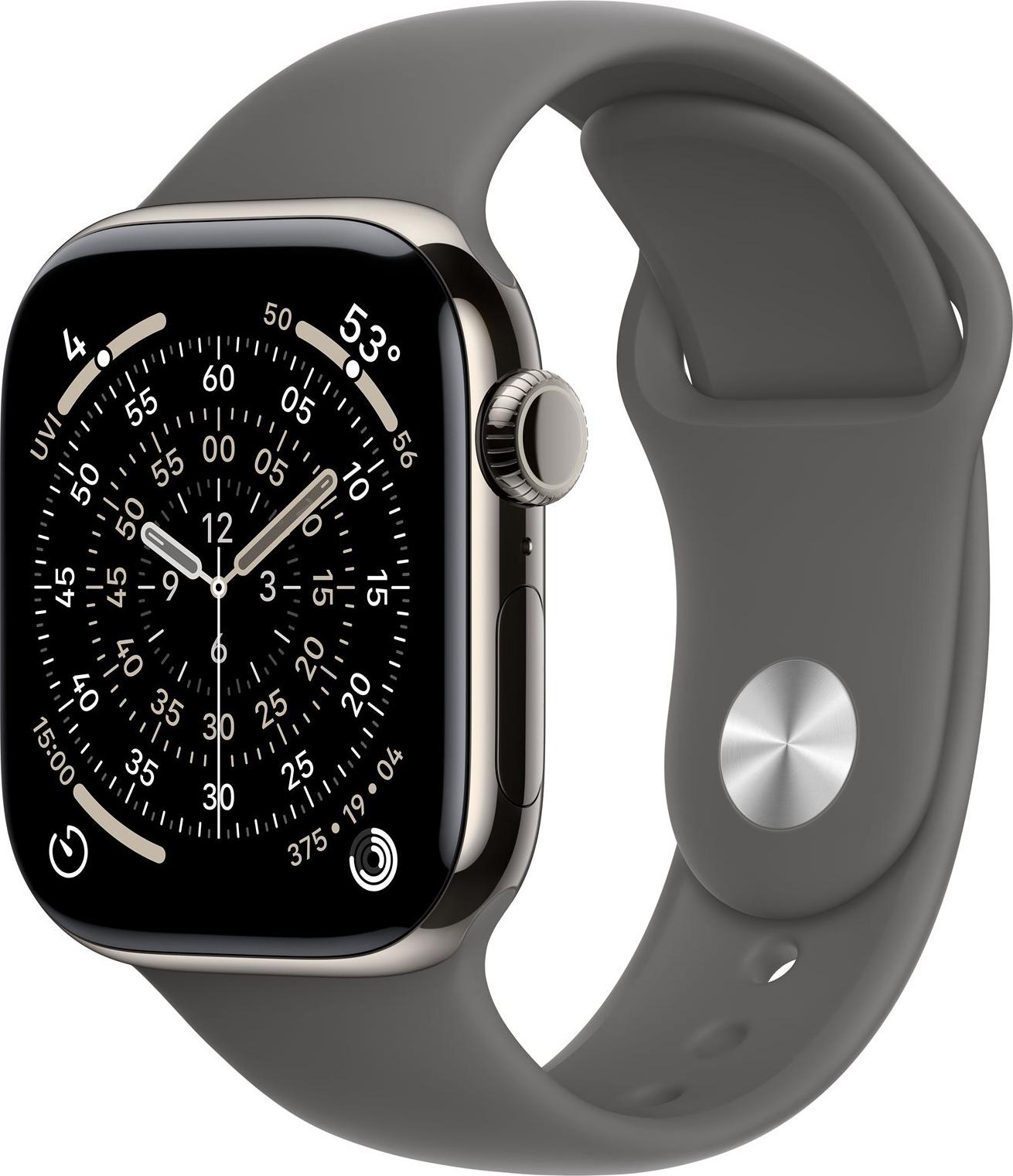 Apple Watch Series 11 (GPS + Cellular) 42 mm Natural Titanium Gehäuse mit Sportband Stone Gray M/L