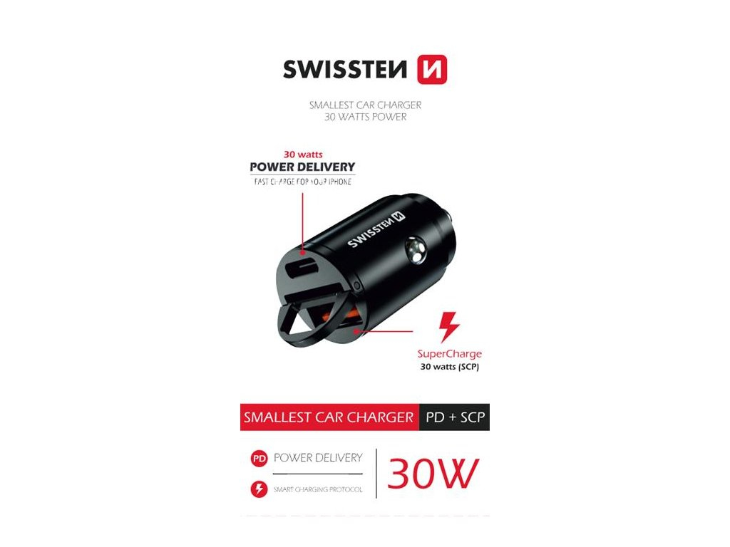Swissten CL Power Delivery USB-C + Super Charge 3.0 30W Nano Kabel Schwarz