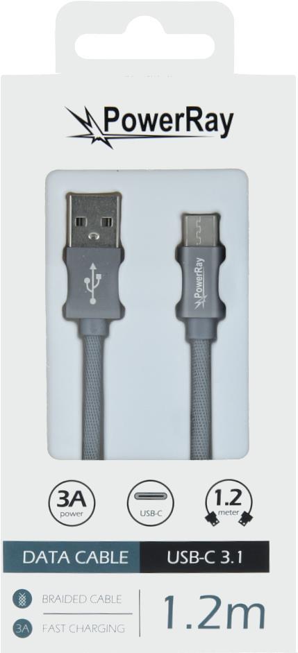 PowerRay Data Cable PR-DCUC120TGY, USB / USB-C, 1.2 m, Textile grey, Blister (PR-DCUC120TGY)