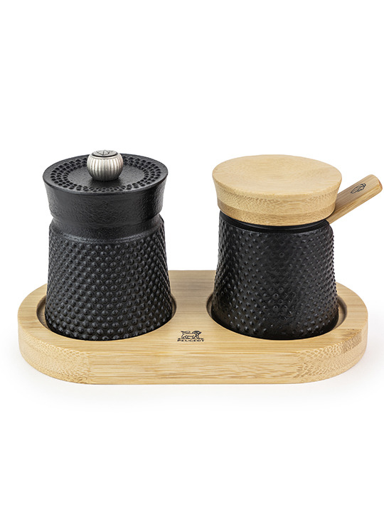 Peugeot Saveurs Bali Fonte Pfeffermühle Salzstreuer + Tablett 8 cm Schwarz