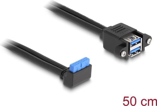 Delock Kabel USB 5 Gbps Pfostenbuchse 90° gewinkelt zu 2 x USB 5 Gbps Typ-A Buchse zum Einbau 50 cm (83007)