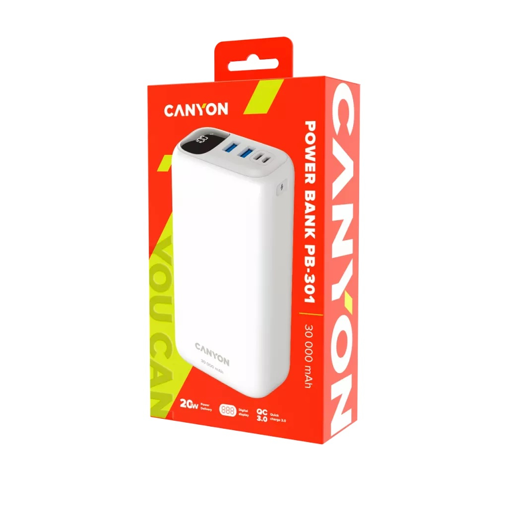 Canyon PB-301 Powerbank 30000 mAh 20 W PD QC 3.0 Weiß