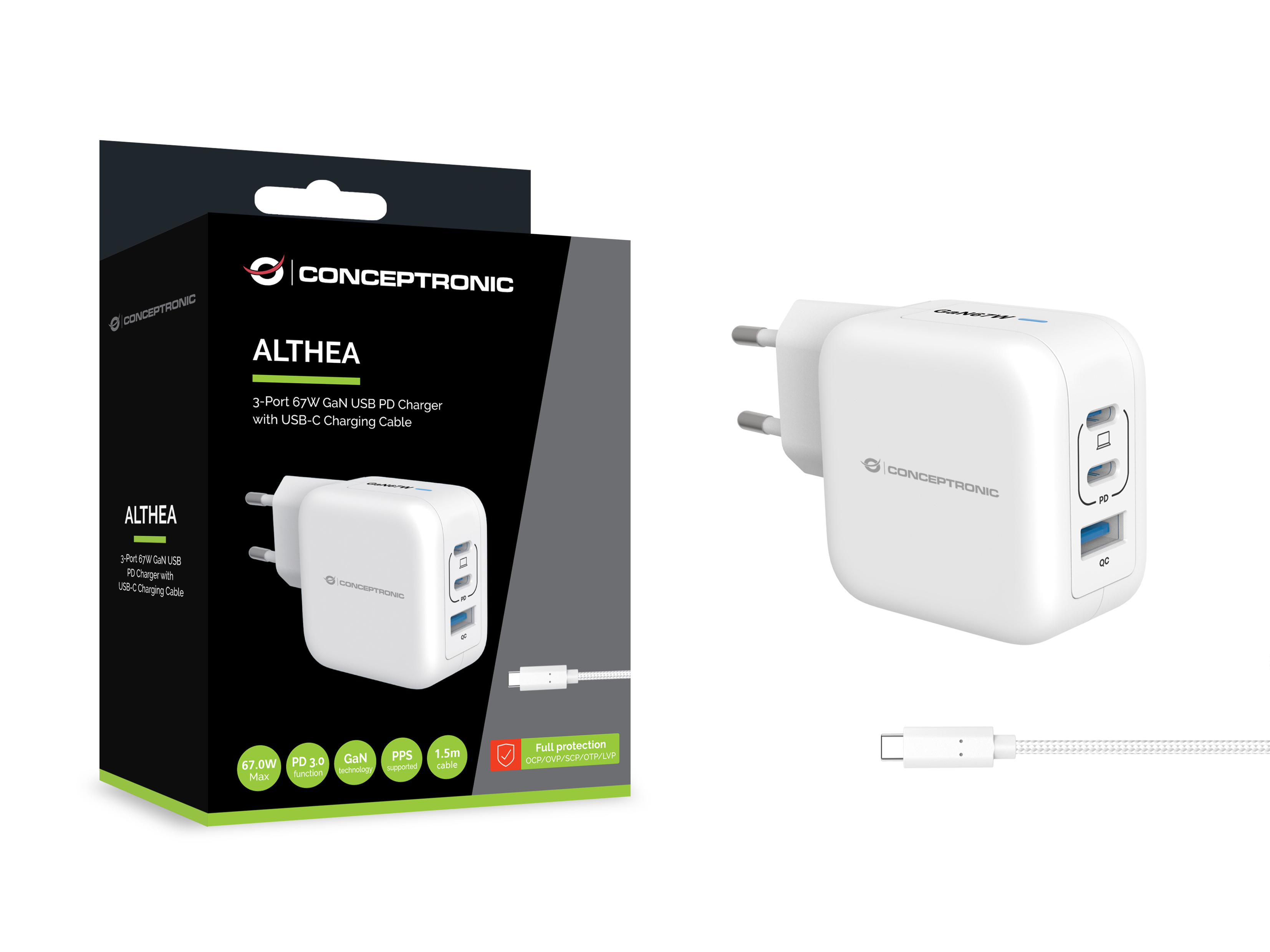 Conceptronic ALTHEA17W 3-Port GaN Ladegerät 67W 2x USB-C 1x USB-A Weiß